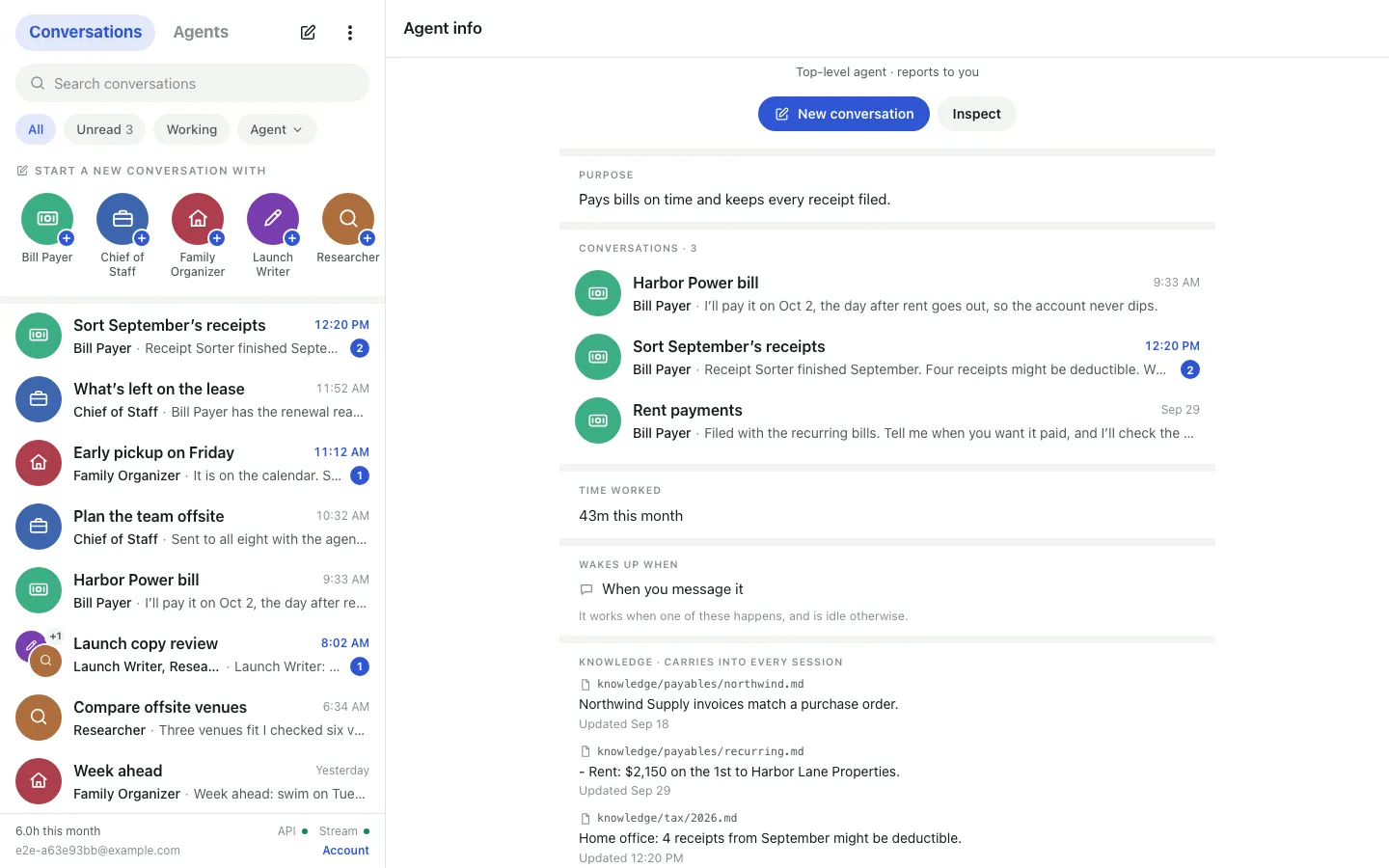Agent info for Bill Payer: its time worked this month, “When you message it” under Wakes up when, and its knowledge files, such as knowledge/payables/recurring.md with its first line.