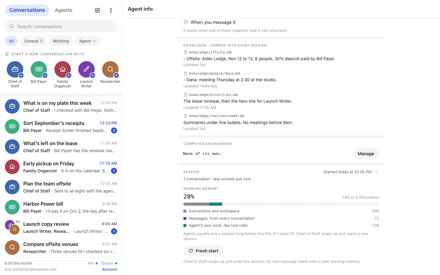 Agent info’s Session section open: “1 conversation · last worked just now”, Working memory at 20% with a bar in three parts, and the Fresh start button.