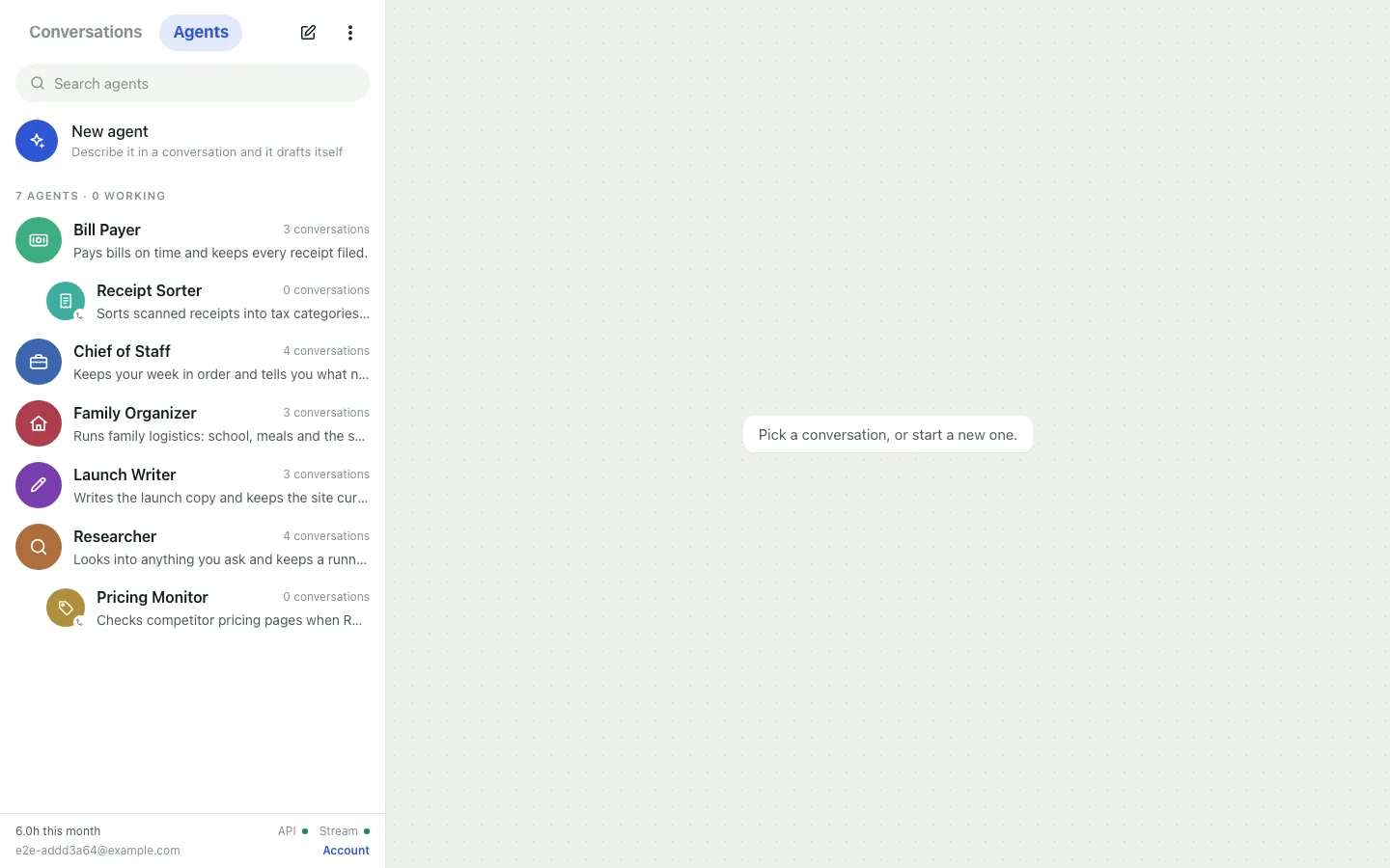 The Agents tab: New agent at the top, then “7 agents · 0 working”, and agents such as Bill Payer, with its delegate Receipt Sorter indented under it, Chief of Staff and Researcher.