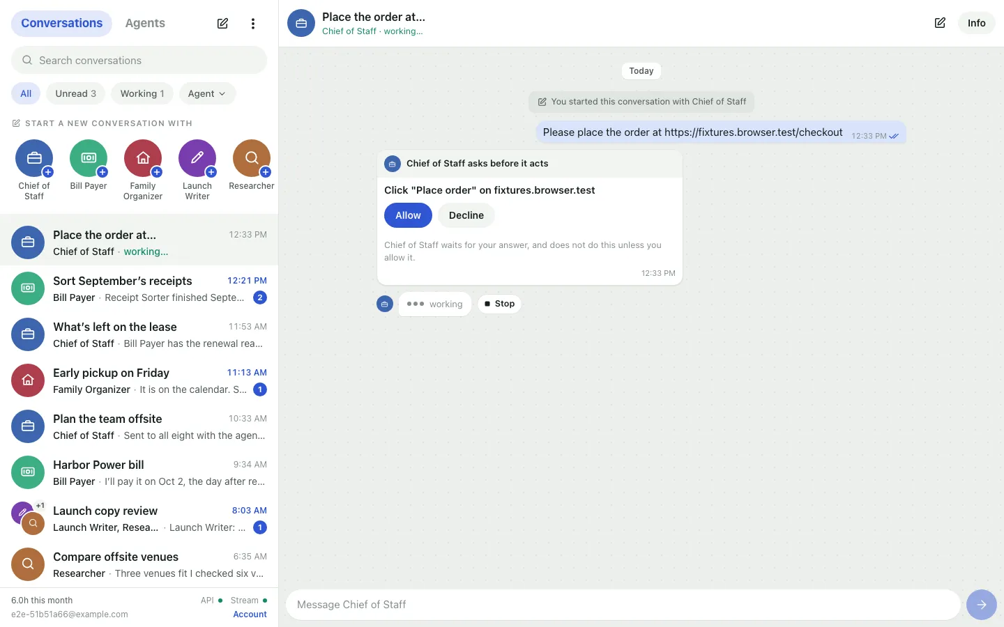 A conversation in which Chief of Staff asks before it acts: a card reading Click “Place order” on fixtures.browser.test, with Allow and Decline buttons.
