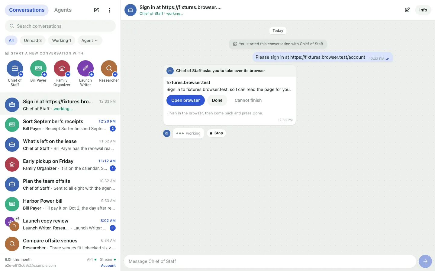 A conversation in which Chief of Staff asks you to take over its browser: a card naming the site, the agent’s reason, and Open browser, Done and Cannot finish buttons, with “Finish in the browser, then come back and press Done.”