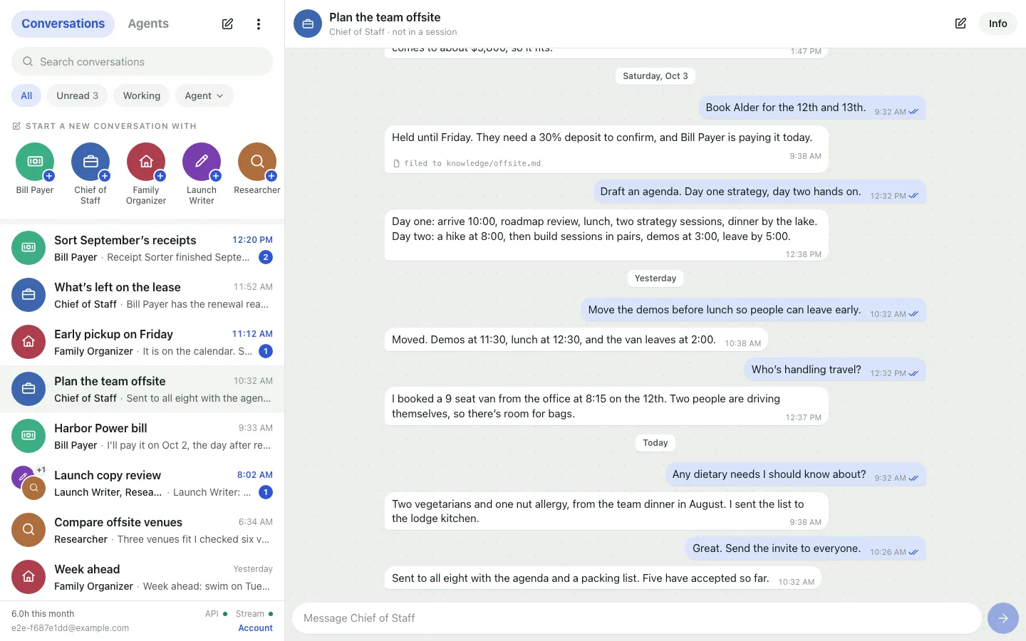 A conversation titled “Plan the team offsite” with Chief of Staff: your messages on the right, its replies on the left, one of them with “filed to knowledge/offsite.md” under it, and the message box at the bottom.