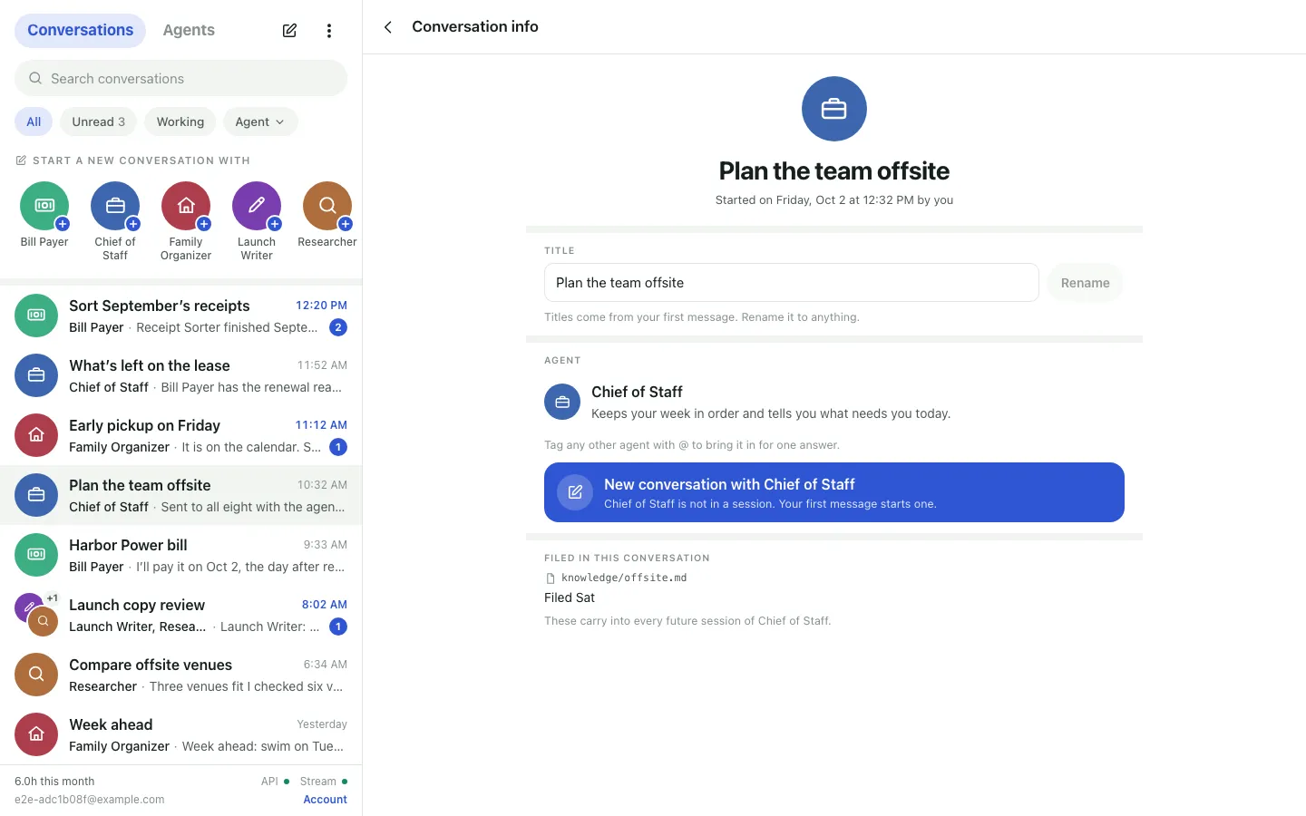 Conversation info for “Plan the team offsite”: started on Friday by you, the Title field with Rename, the agent Chief of Staff, a New conversation with Chief of Staff button, and “Filed in this conversation” listing knowledge/offsite.md.