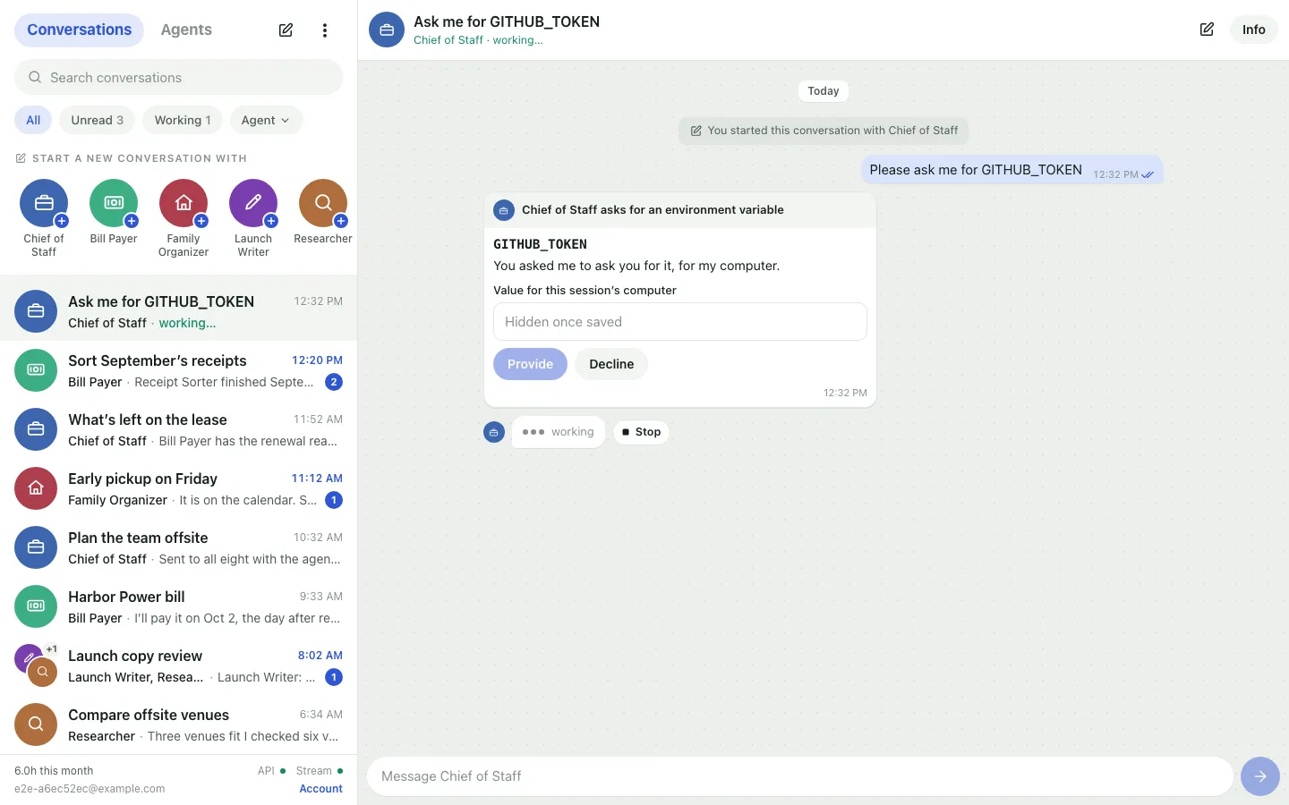 A conversation in which Chief of Staff asks for an environment variable: a card naming GITHUB_TOKEN, with the agent’s reason, a “Value for this session’s computer” field, and Provide and Decline buttons.