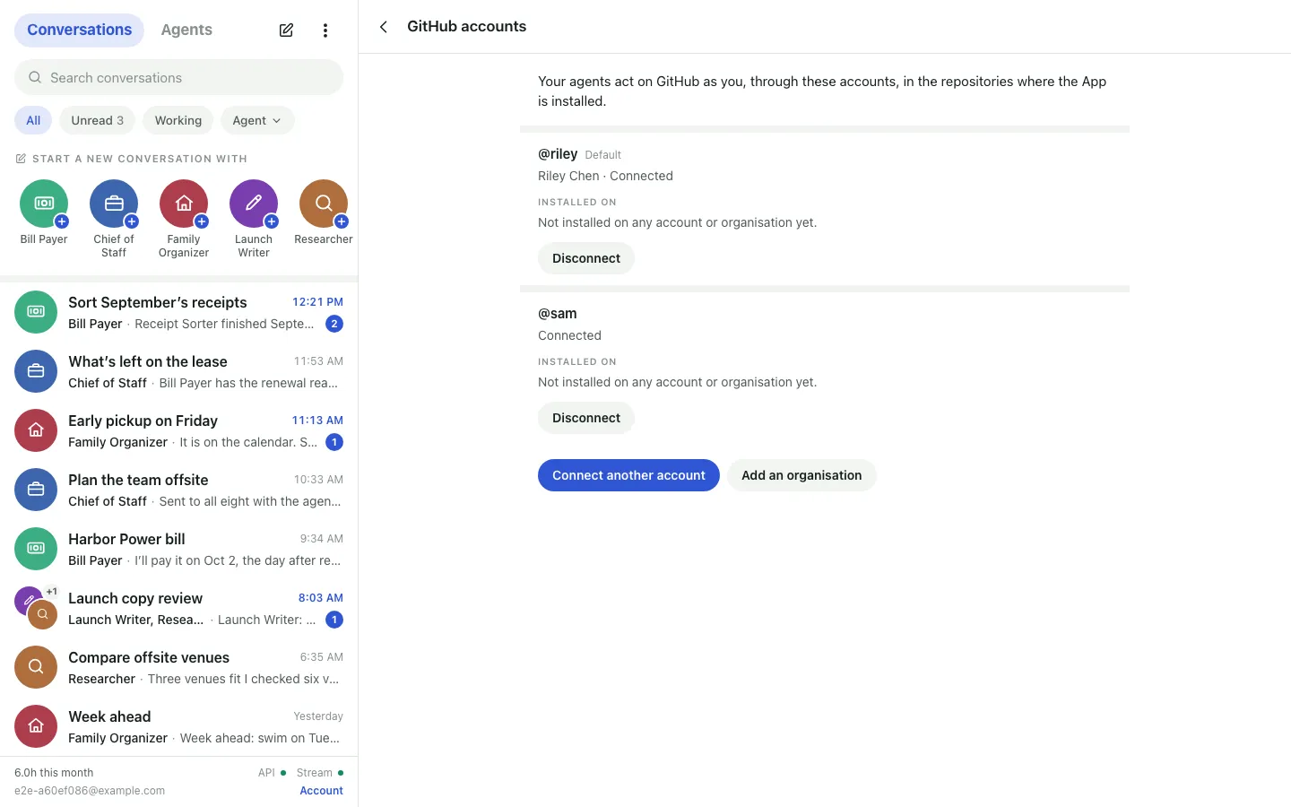GitHub accounts with two accounts connected, @riley marked Default and @sam, each “Connected”, with where the App is installed and a Disconnect button, and Connect another account and Add an organisation at the bottom.