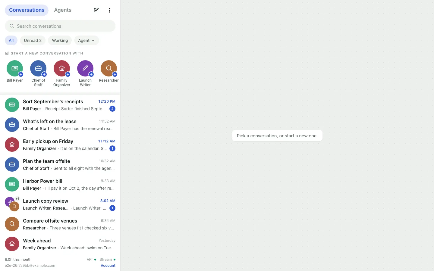 The conversation list: the search field, the All, Unread, Working and Agent filters, a row of agents under “Start a new conversation with”, and conversations such as “Sort September’s receipts” with Bill Payer and an unread count of 2.