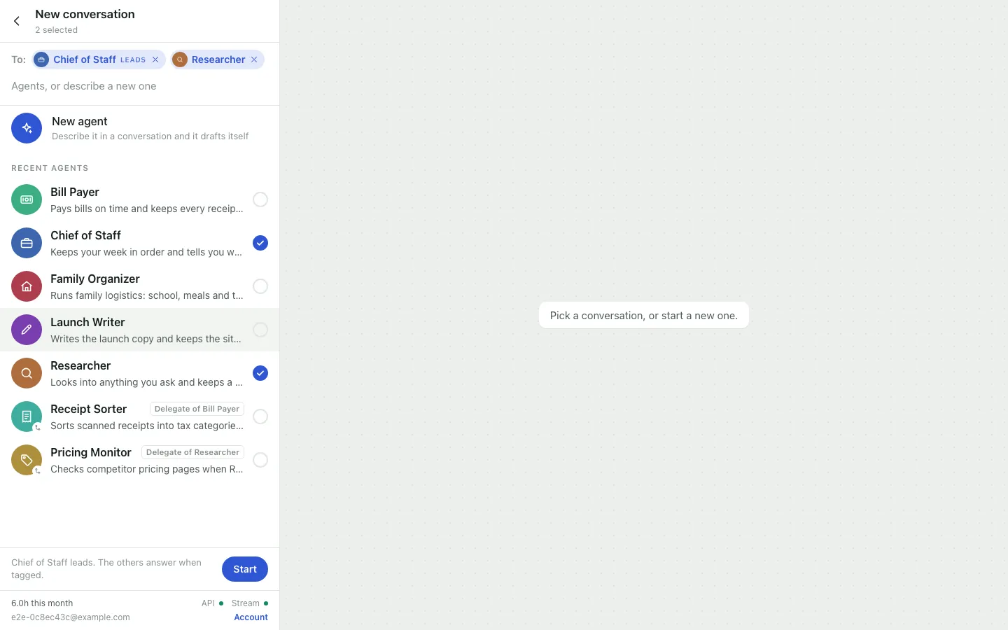 New conversation: “To:” with Chief of Staff, marked “leads”, and Researcher picked, the list of recent agents with a tick beside each picked one, and at the bottom “Chief of Staff leads. The others answer when tagged.” and a Start button.